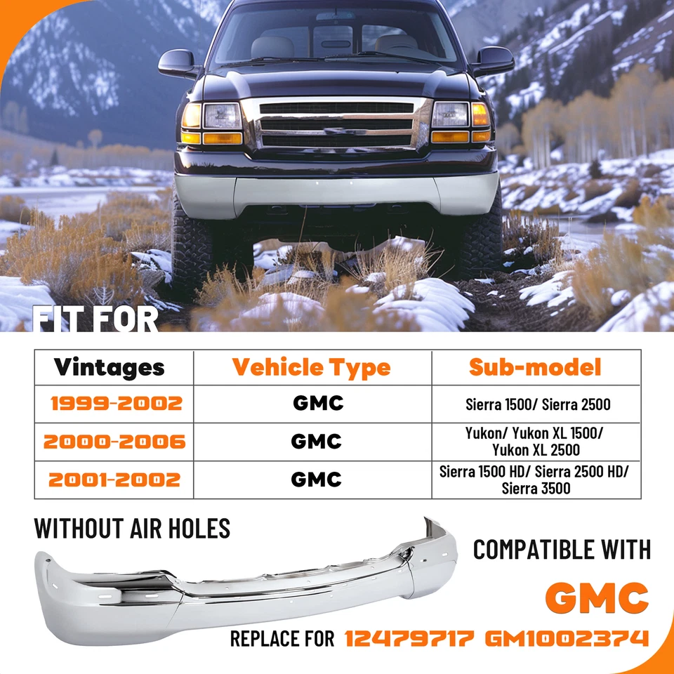 Chrome Front Bumper Face Bar For GMC Sierra 1500 2500 1999-2002 Yukon 2000-2006 Foto 3 de 4