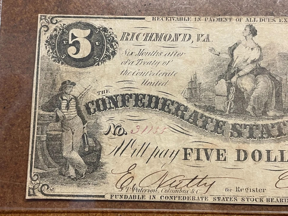T-36 CSA Confederate States Civil War Money 1861 $5 note currency PCGS VF 25 - Image 2 of 4