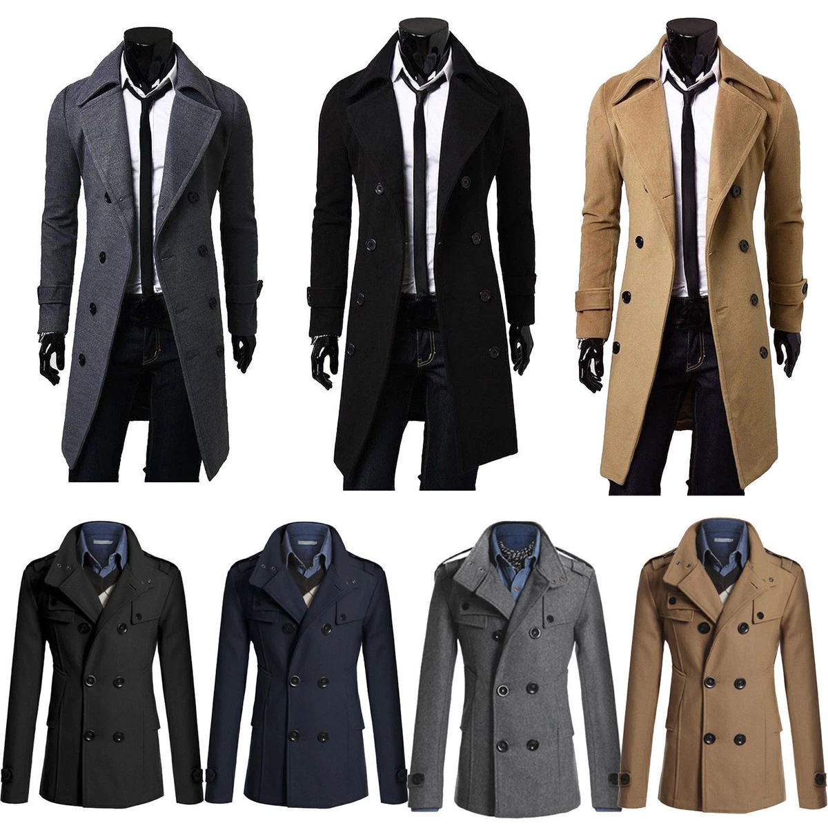Man Plain Faux Woolen Long Trench Coat Jacket Double Breasted