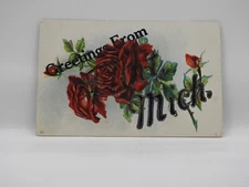 Postcard Greetings from Flint Michigan GlitterRed Flowers Embossed          F504