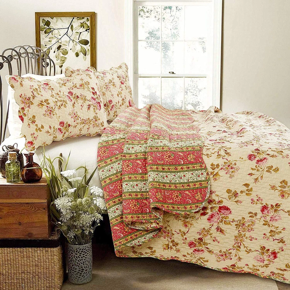 Vintage Rose Floral 100%Cotton 3-Piece Reversible Quilt Set, Bedspread,  Coverlet