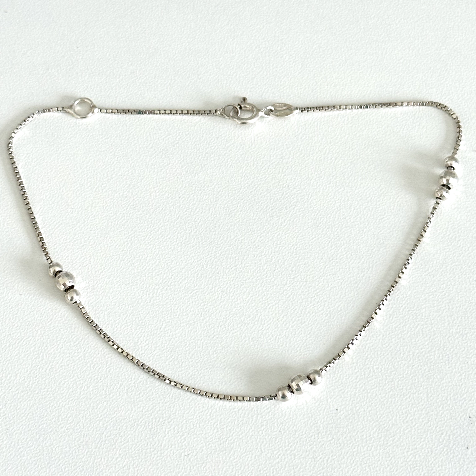 925 Sterling Silver Shiny Bead Ball & Box Chain Link Anklet 10