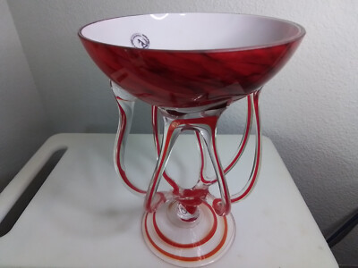Jozefina Krosno Poland Glass Ruby Red Octopus Jellyfish Pedestal Compote Bowl