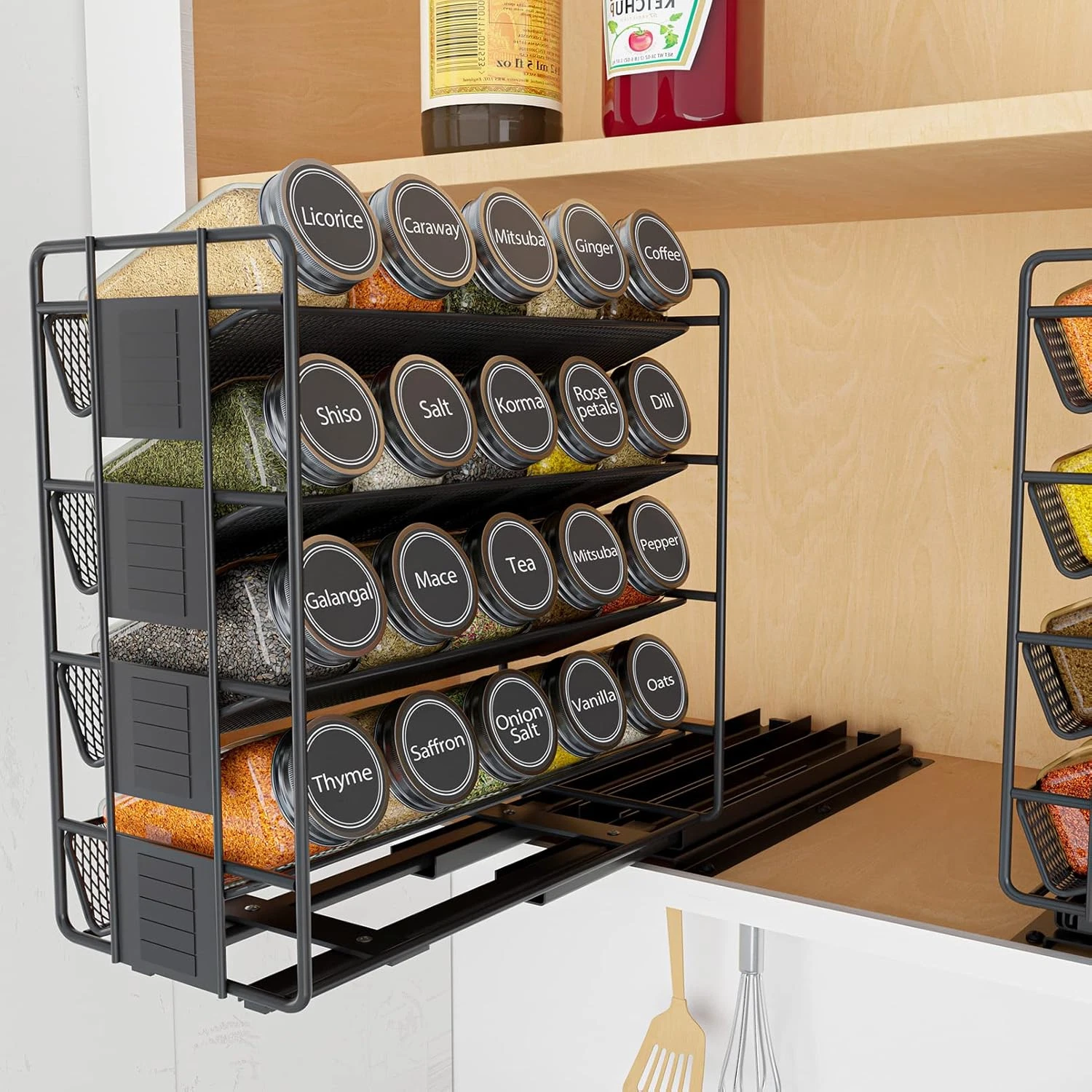 Slide-Out Spice Rack with 20 Jars, 801 Labels & Chalk Marker - Right Facing