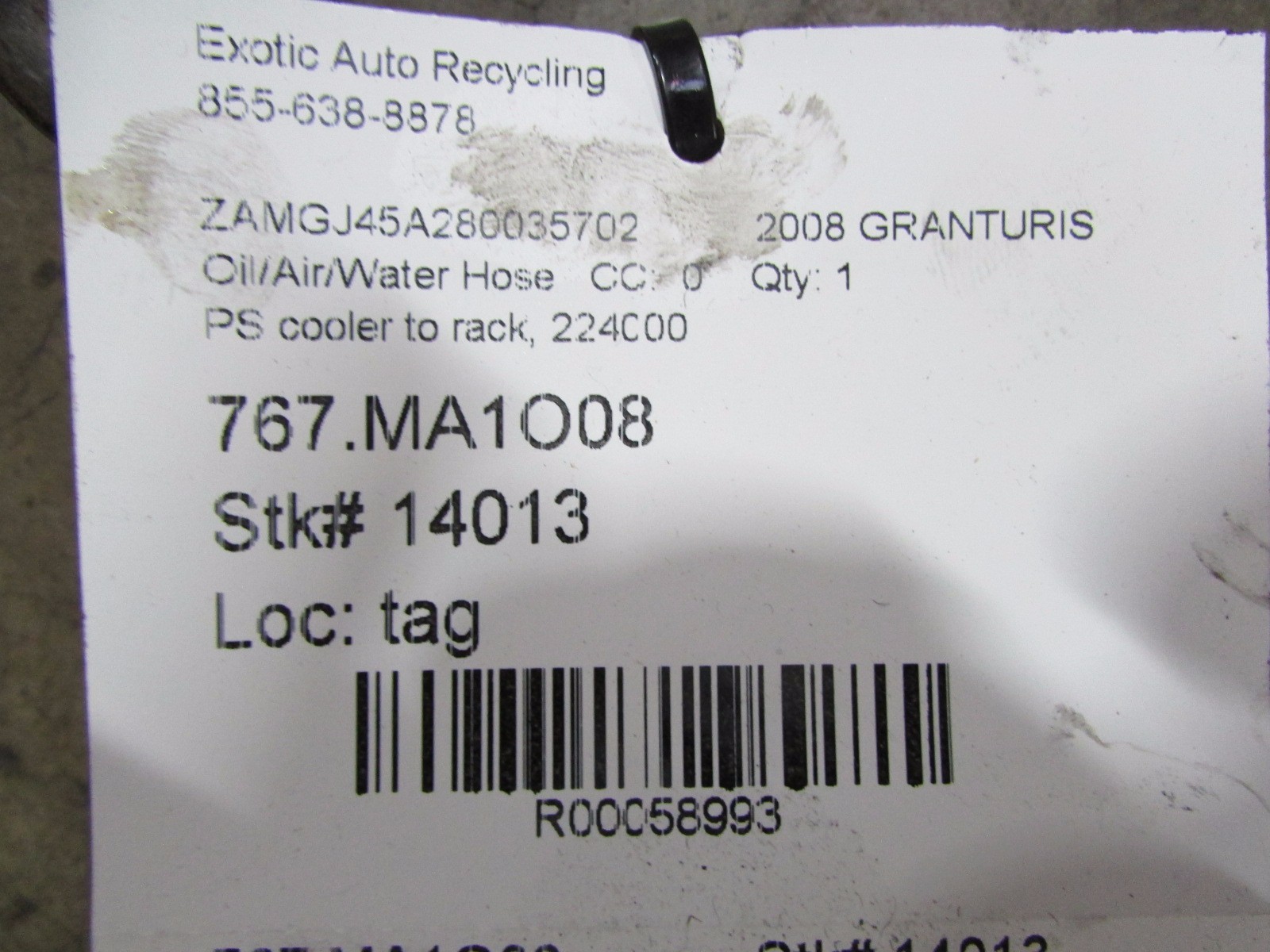 Maserati Granturismo, PS Cooler to Rack Hose, Used, P/N 224000