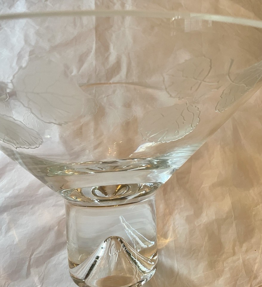 Signed Perry Coyle Studio Hand Crafted Glass Pedestal Bowl Etched Leaf Motif VTG