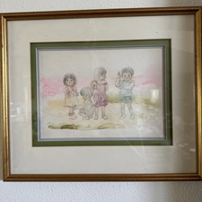 Vintage Framed Chihiro Iwasaki "Four Friends" Art Print Mid-Century Japanese