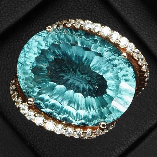 New ListingPristine Sky Blue Aquamarine Concave 25.90Ct 925 Sterling Silver Rose Gold Rings