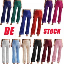 DE Damen Pailletten Hose Breite Bein Hose High Waist Schlaghose Freizeithose 
