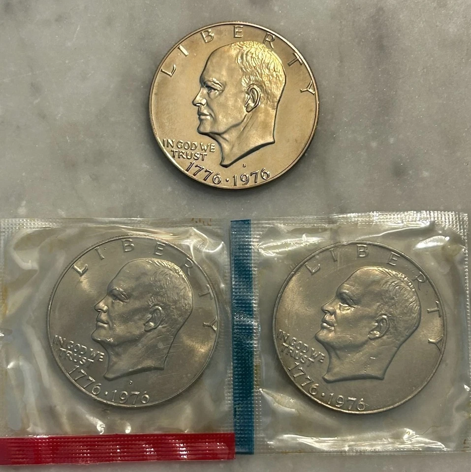 1976 P D S Eisenhower Commemorative Dollar - Proof & BU 3 Coin Lot - Mint Cello - Image 2 of 4