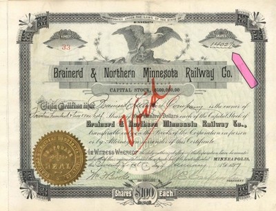 Brainerd and Northern Minnesota Railway Co. - 1897 dated High Denomination Sto