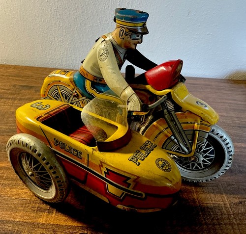 Vintage MARX Tin Litho Police Motorcycle #3 with Sidecar , Wind-up, NO Key