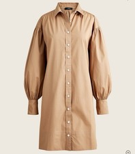 J.Crew Puff Sleeve Cotton Poplin Mini Shirt Dress Button Up Kakhi Tan A Line XS