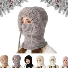 3 in 1 Womens Knit Beanie Cap Fleece Lined Winter Scarf Mask Set Snow Caps GifCW