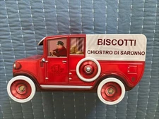 RARE Biscotti Storage Tin Metal Truck Chiostro Di Saronno Hinged Shade NO COOKIE