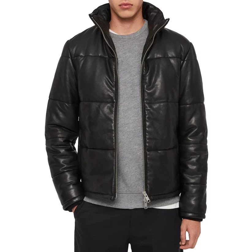 Black Puffer Leather Jacket for Men