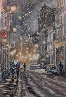 Urban Winter Night City Watercolor Painting Snowy Houses Street Lights Art