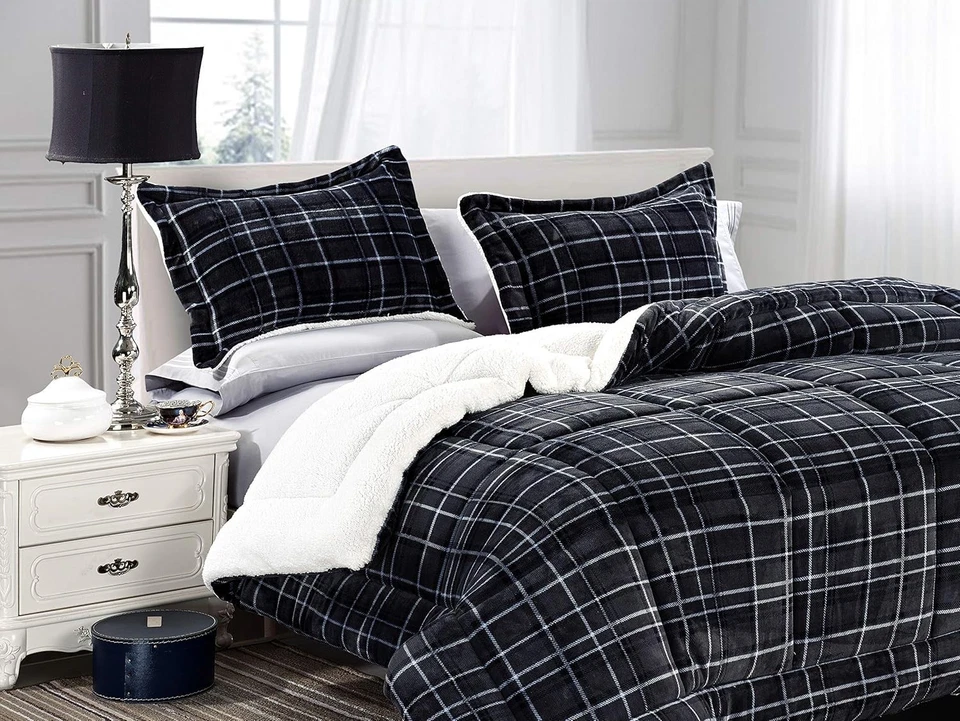 Ultra-Soft Plaid Sherpa Backing 3-Piece Comforter Set Full/Queen - Modern Design - Image 3 of 4