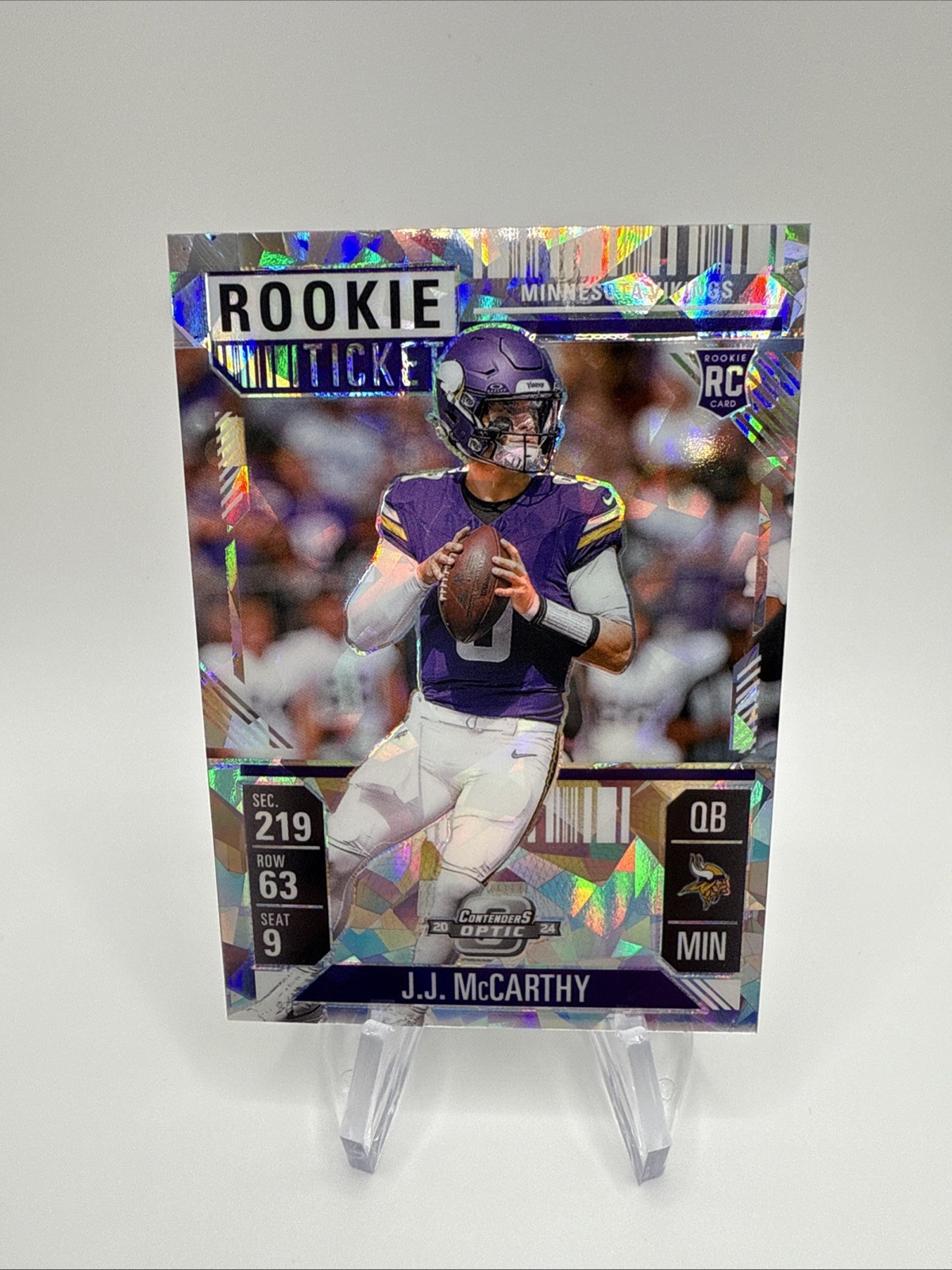 JJ McCarthy 2024 Panini Contenders Optic SP RC Cracked Ice Prizm /22 #71 Vikings