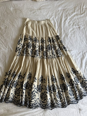 #ad #ad Yellow Embroidered Linen Maxi Tiered Skirt Natural And Blue M $29.99