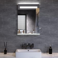 White Bathroom Mirror with LED Storage Shelf Shaver Socket Anti-fog 500x700mm
