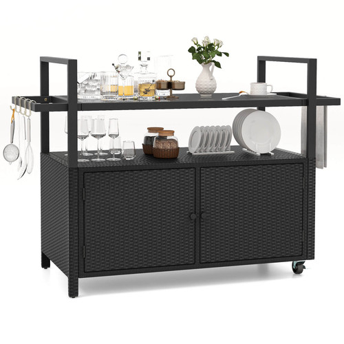 Outdoor Bar Cart with Tempered Glass Top Storage Cabinet & 8 Hooks for Porch