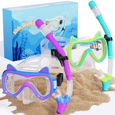 2026 Cute Kitten Kids Snorkel Set,Pastel Colors, Anti-Fog Tempered Glass Snorkel