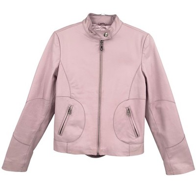 Amisu Women's Pink Leather Moto Jacket Cafe Racer Full Zip Circle Pocket 40 S/M