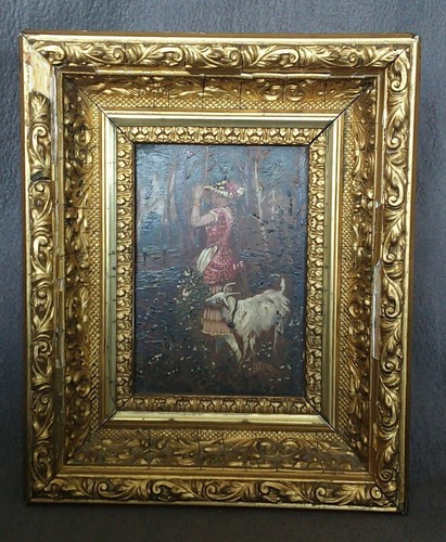Mini DIPINTO AD OLIO vintage su legno intagliato legno cornice oro capra & femmina Germania - Foto 10 di 12