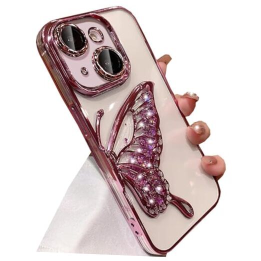 Glitter 3D Butterfly Case for iPhone 15 Plus, Cute Luxury Bling Sparkle Pink