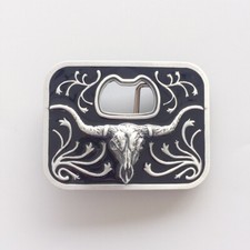 Vintage Black Enamel Western Long Horn Bull Bottle Opener Belt Buckle