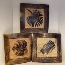 Wood Wall Art Carved Leaves  Wood Frames Set Of 3  - 12 X 12 Each