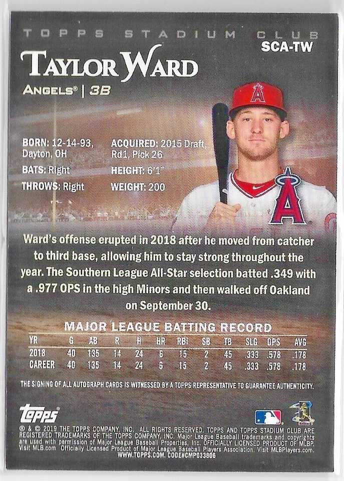2019 Stadium Club Autographs #SCATW — Taylor Ward, Los Angeles Angels - Image 2 of 3