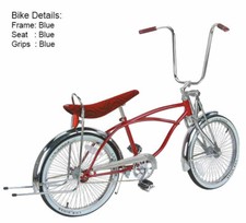 GENUINE VINTAGE 20" LOWRIDER BICYCLE IN BLUE WITH 20" 72 SPOKE STEEL WHEELS.