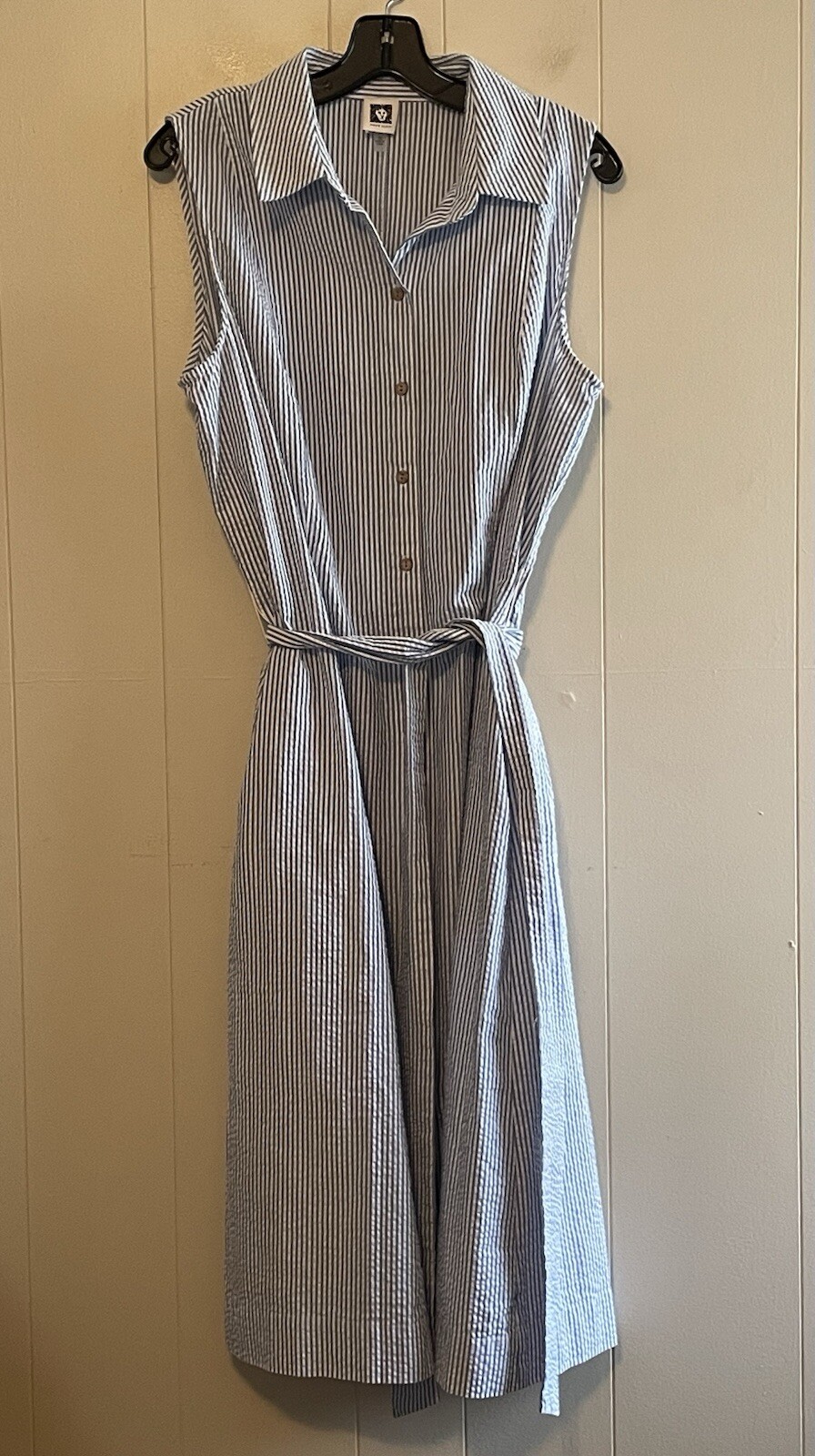 Anne Klein Seersucker Belted Button Front Sleeveless Dress with Pockets Size 16