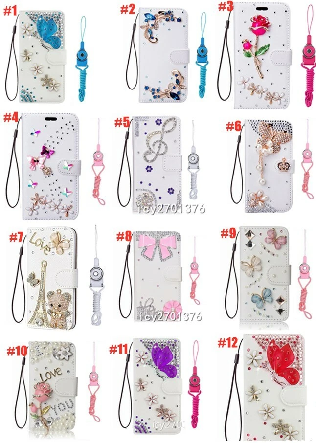 Sparkly Diamonds Women Phone Case Bling Leather Wallet Phone Covers + 2 Lanyards - Image 2 of 4