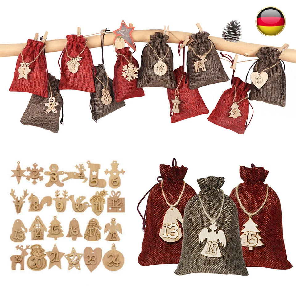 Adventskalender zum Befüllen 24 Stk. Jutebeutel Weihnachtskalender Säckchen - Bild 4 von 4
