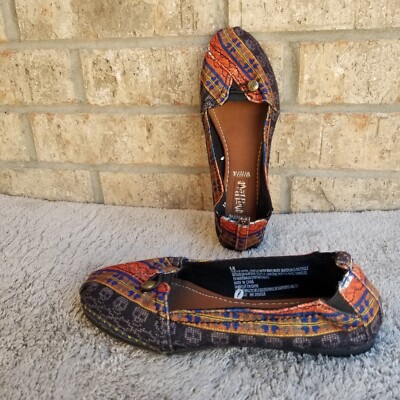 Maj Pole Slip On  Ballet Flats Black Gold Orange Tribal Skull Shoes (Womens 5/6)