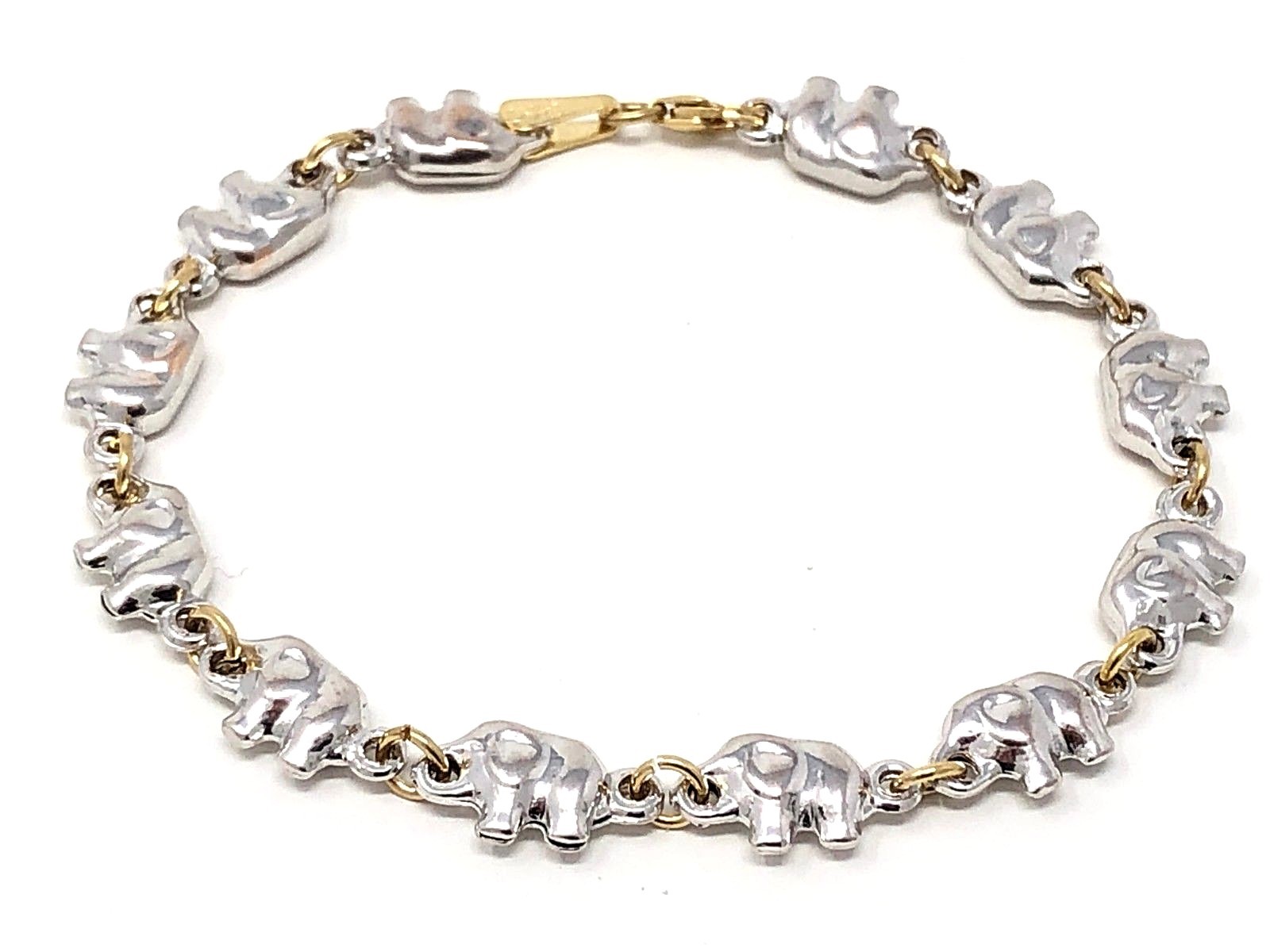 Italian 14k Two Tone Gold Hollow Charm Elephant Bracelet 6.8" 6.7mm 6.6