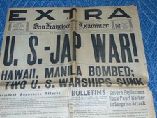 DEC. 8, 1941 "SAN FRANCISCO EXAMINER" WWII NEWSPAPER: JAPAN BOMBS PEARL HARBOR