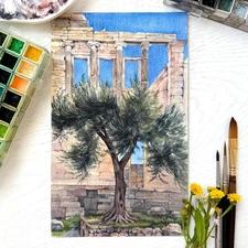 Original Watercolor Athena's Gift 6x10 Painting Unique Artwork Small Wall Art