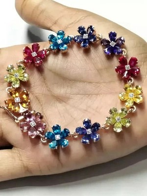 9.55 Ctw Multi-Gemstone & Diamond Flower 7'' Bracelet 14K Yellow Gold Plated