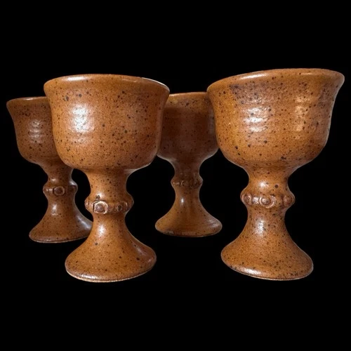 Set 4 Vintage Mid Century Modern Italian Pottery Handmade Speckled Goblets Italy