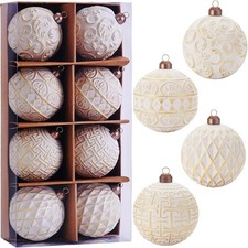 3.15" Vintage Gold White Christmas Ball Ornaments Distressed Rustic Tree Decor