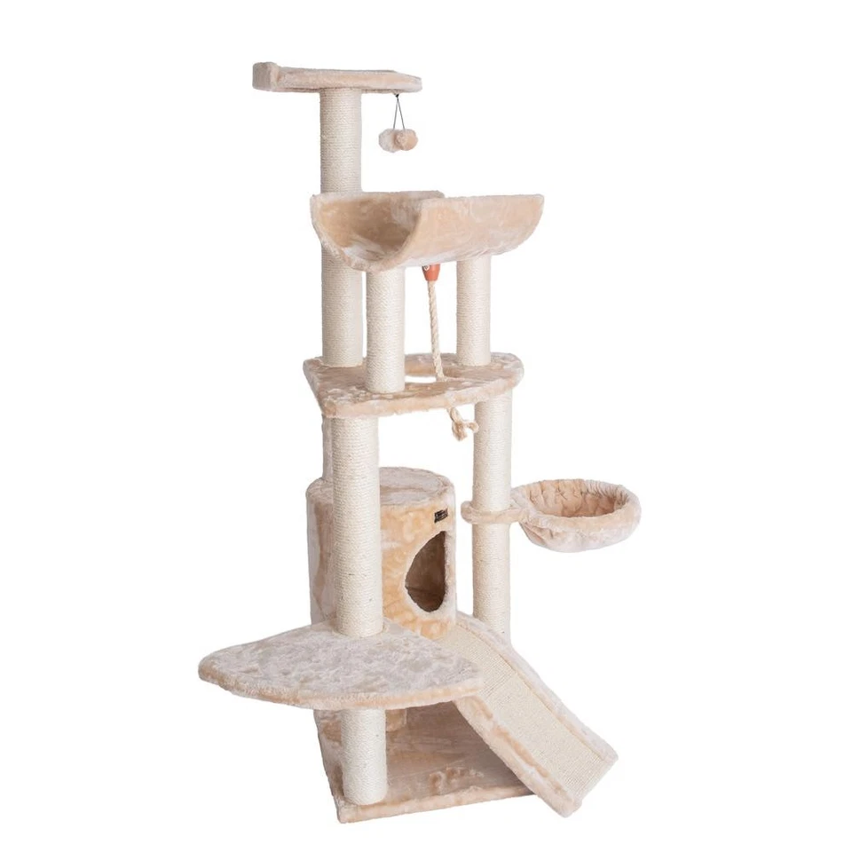 Spacious Thick Fur Real Wood Cat Tower With Basket Lounge, Ramp, Beige - Image 3 of 4