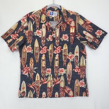 RJC Hawaiian Button Up Shirt Men L Blue Surfboard Tiki Floral Aloha Hawaii