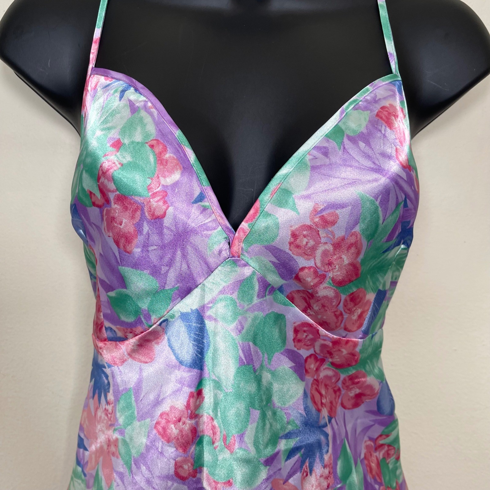 Vintage Secret Treasures Floral Satin Mini Slip Dress L Pastel Pink Purple Y2K