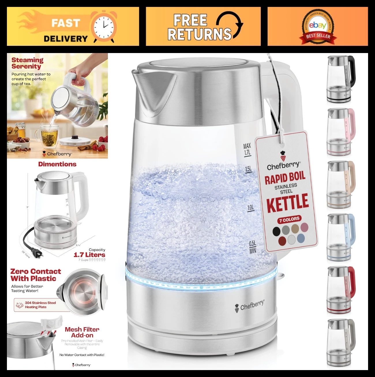 1.7L Electric Kettle - Stainless Steel & Borosilicate Glass, BPA Free, Fast Heat