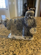 Rowe Pottery Santa With Christmas Pig Salt Glaze 7” By 6”