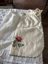Set Of 2 Vintage Aprons 1 Linen With Rose Embroidery  1 Shear White With Blue